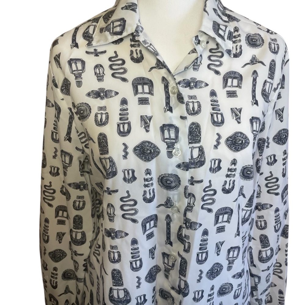 Southern Lady Womens White Gray Button Up Blouse Western Size‎ 9/10 Ranch Tribal